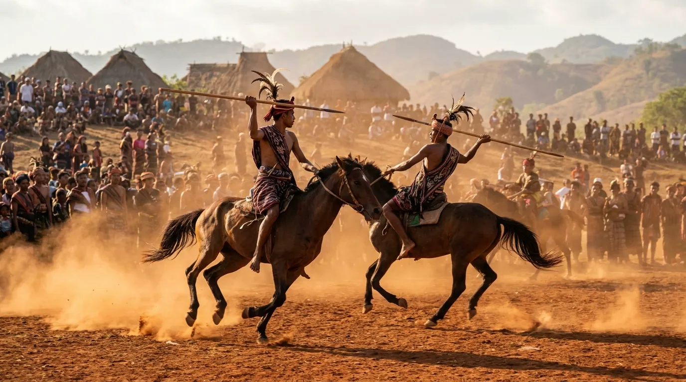 Pasola festival, West Sumba, Indonesia — ancient Marapu ritual jousting on horseback, riders in traditional ikat textiles, the only event of its kind in the world