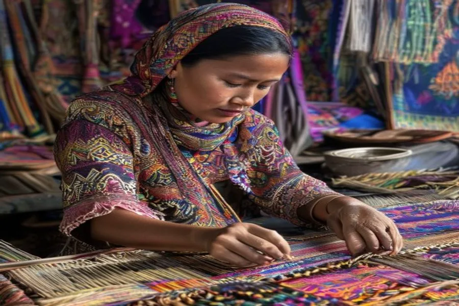 Sumbanese vrouw weeft traditionele ikat-stof op een heupband-weefgetouw