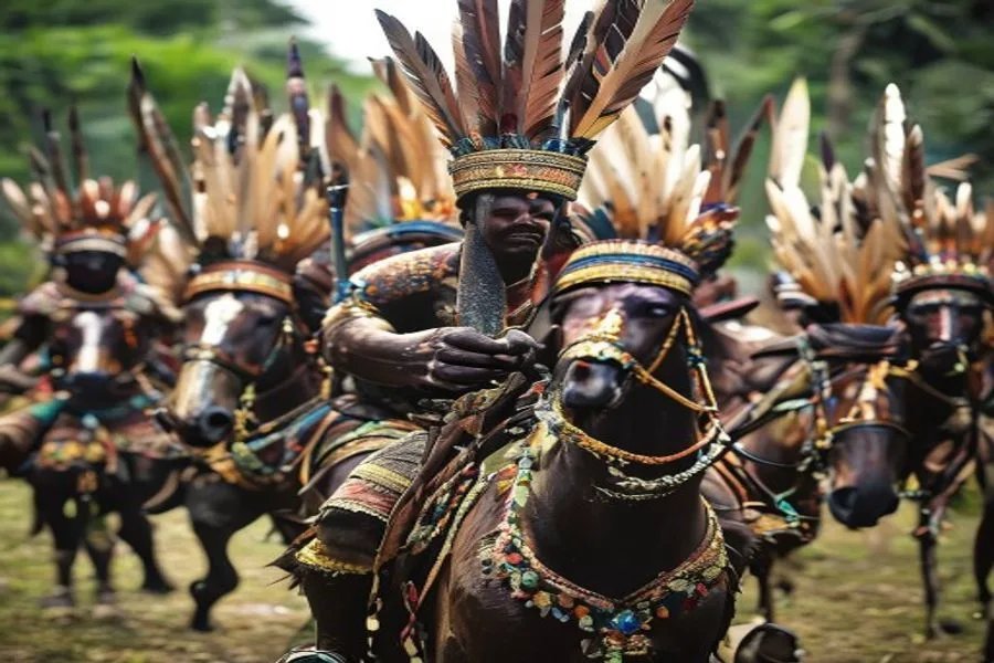 Pasola-ruiters werpen speren tijdens het jaarlijkse Sumba-festival