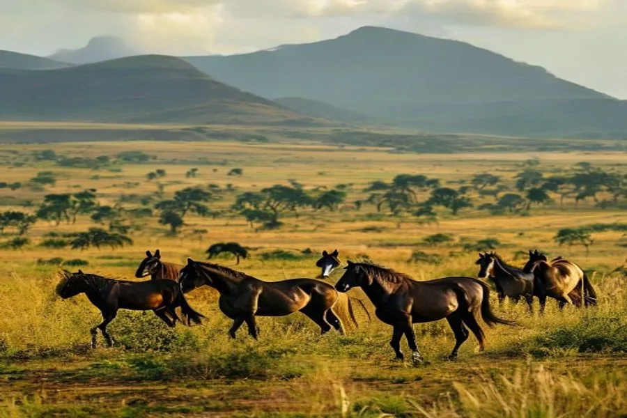 Sumbanese horses on savanna grassland, Indonesia