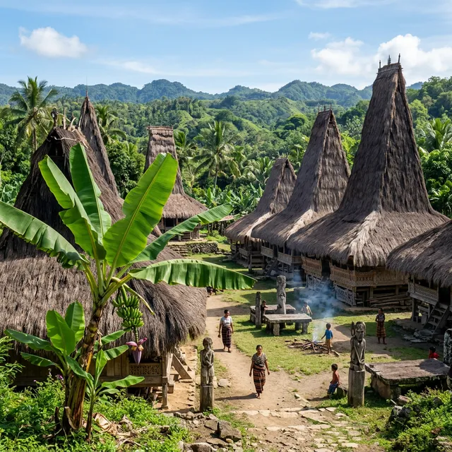 Traditional Sumbanese Marapu village with high-peaked thatched uma mbatangu clan houses and ancient megalithic stone tombs, Sumba Island, Indonesia