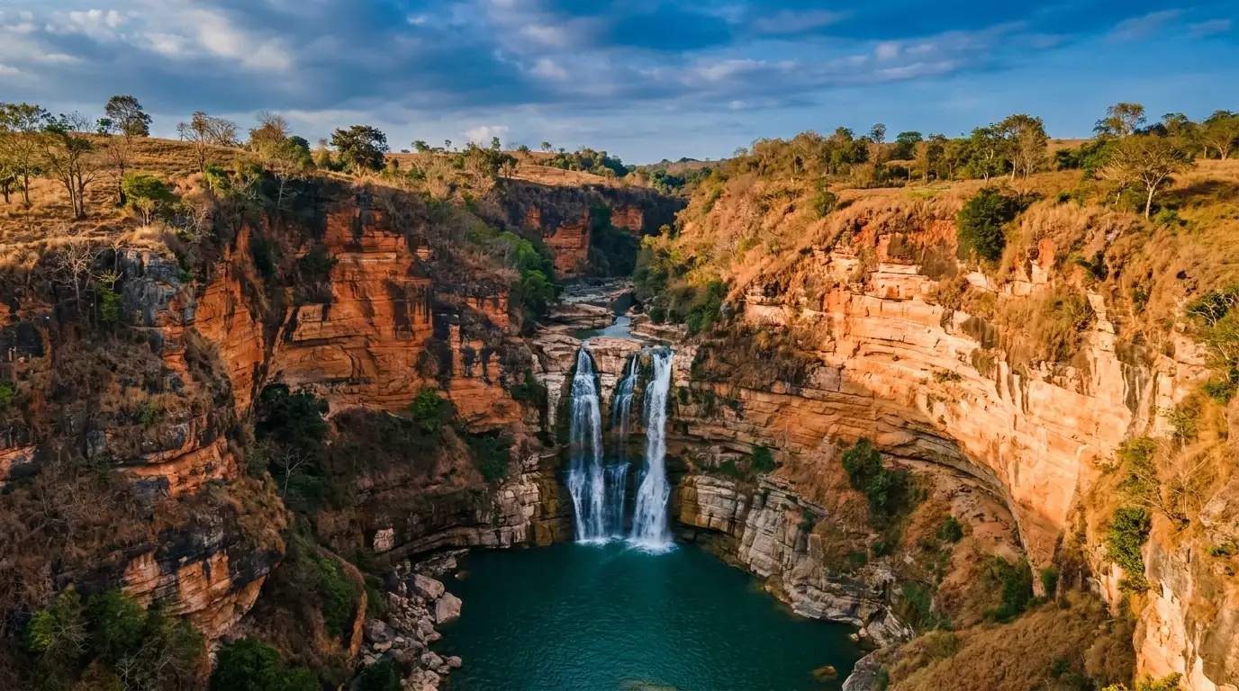 Aerial view of Tanggedu Waterfall canyon, East Sumba, Indonesia — rust-red canyon walls carved by the Kambaniru river, Grand Canyon of Sumba