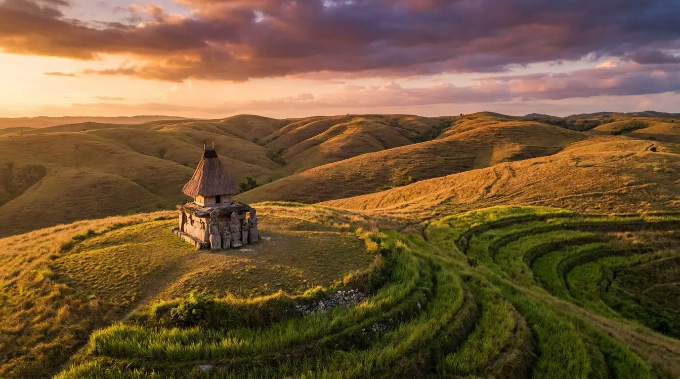 Wairinding Hills at sunset, East Sumba, Indonesia — rolling savanna ridgeline with lontar palms near Waingapu