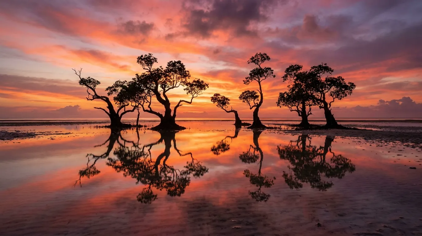 Dancing mangrove trees silhouetted at blue hour, Walakiri Beach, East Sumba, Indonesia — mirror-still water reflection at low tide