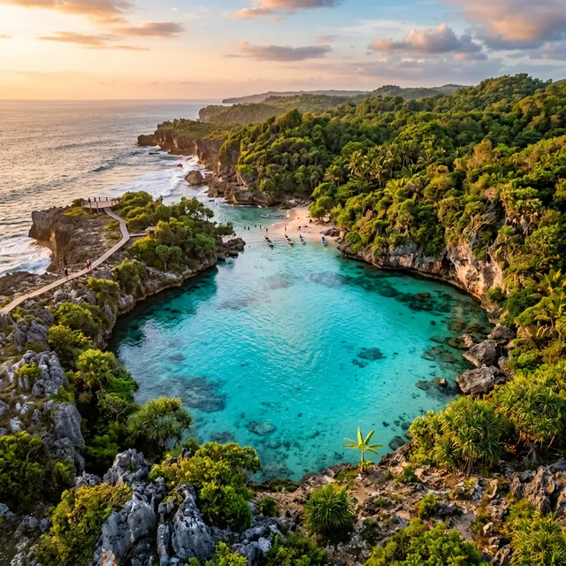 Weekuri Lagoon aerial view, Kodi region, West Sumba Island, Indonesia — saltwater lagoon enclosed by limestone cliffs